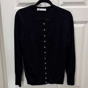 Zara Black Crewneck Cardigan with Gold Buttons